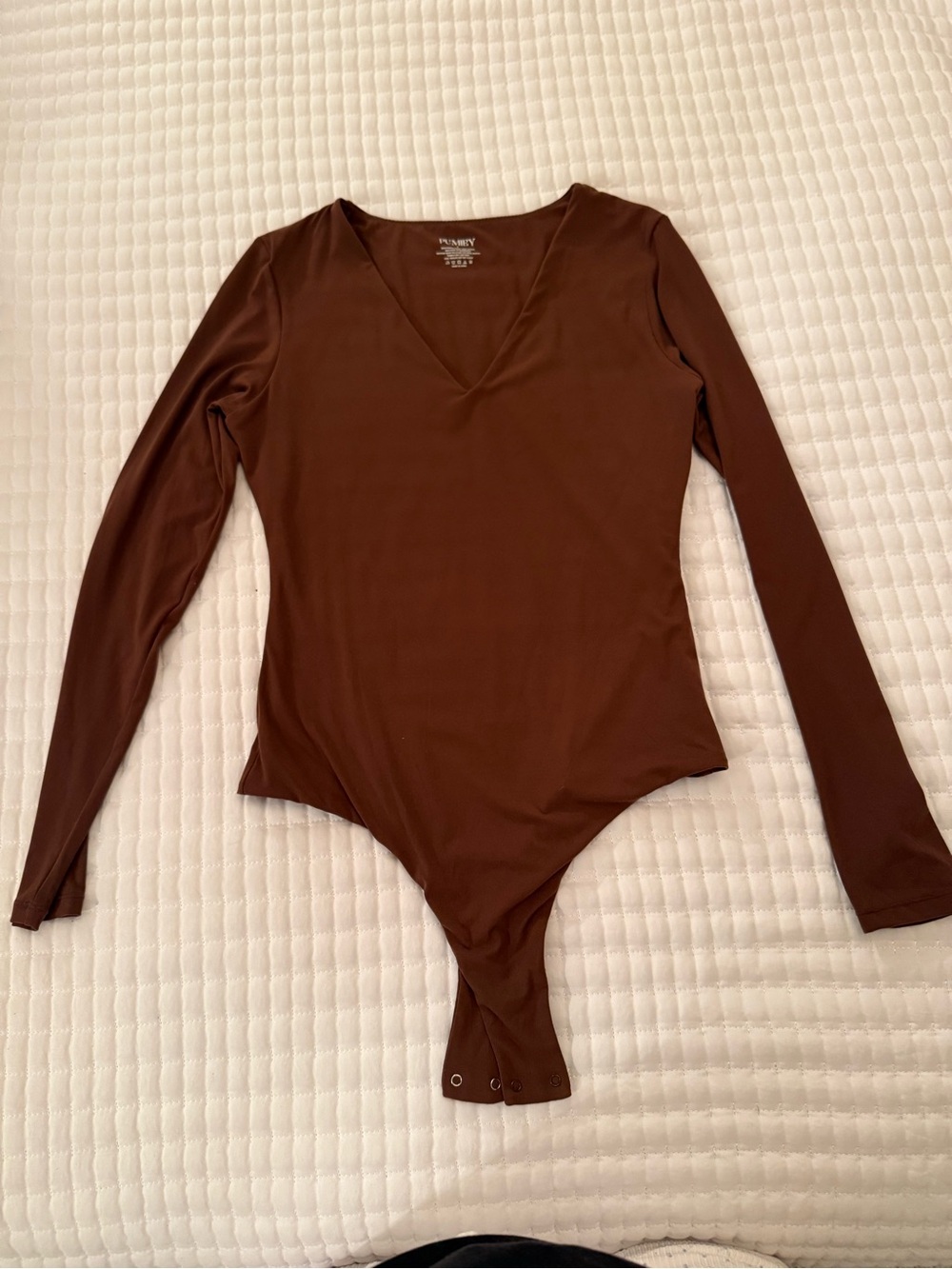 Brown Long-Sleeve V-Neck Bodysuit, buttery soft material - Pumiey